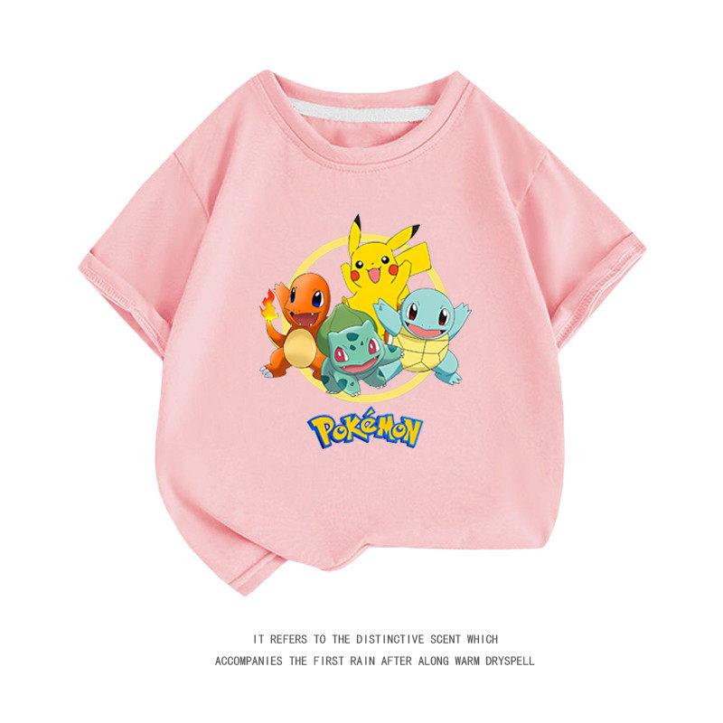 Summer New PokémonPikachu Shortsleeved Tshirt for Boys and Girls Middlesized and Largesized Cartoon Casual Top Trendy Design