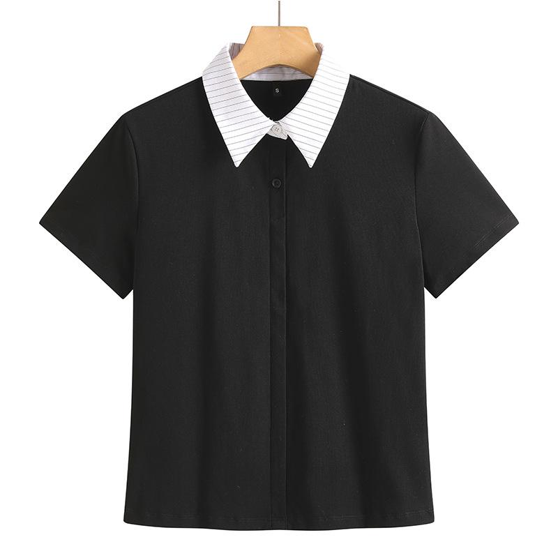 

Корейская женская летняя футболка 2025 в стиле кэжуал, с цветными блоками и полосатым воротником XXL чёрный