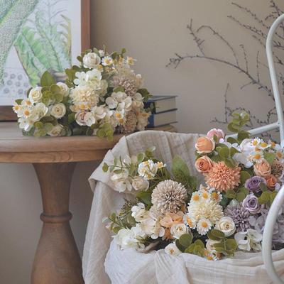 Artificial Autumn Floral Bouquet: Retro 7-Branch Hydrangea & Rose Wedding Archway Decor with Faux Chamomile Flowers.