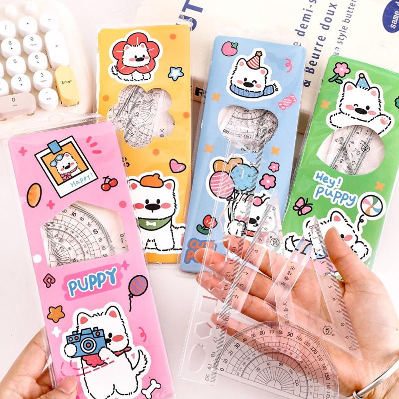 Office School Supplies Ins Cute West Highland Ruler Set Student Cartoon Triangle Four Piece Kawai Stationery Prizes Lovely Gift