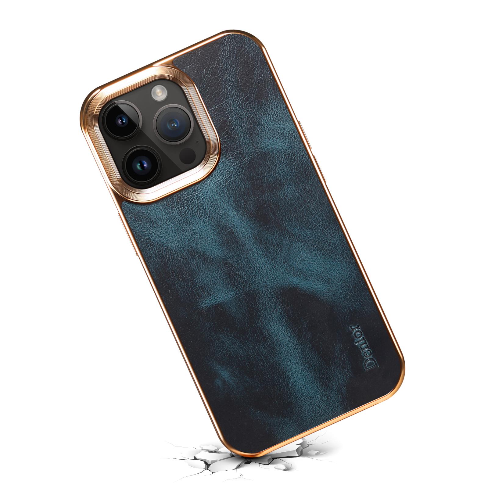 

DENIOR For iPhone 16 Pro Case Waxy Texture Genuine Cow Leather Electroplating Back Cover Blue