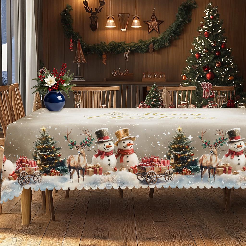 Christmas Vintage Farmhouse Tablecloth with Santa, Reindeer & Xmas Tree Prints. Rectangular & Round Sizes for Xmas/New Year Parties, Kitchen, Indoor &