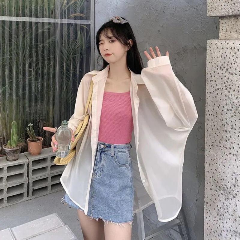 WTEMPO Chiffon Shirt Women Summer Thin Sun Protection Shirt Solid Casual Top StreetWear Versatile Shirt Vintage Female Clothing