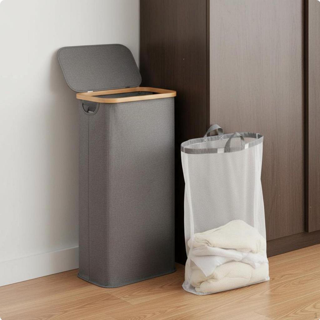 Bamboo Frame Foldable Laundry Basket Waterproof Dustproof