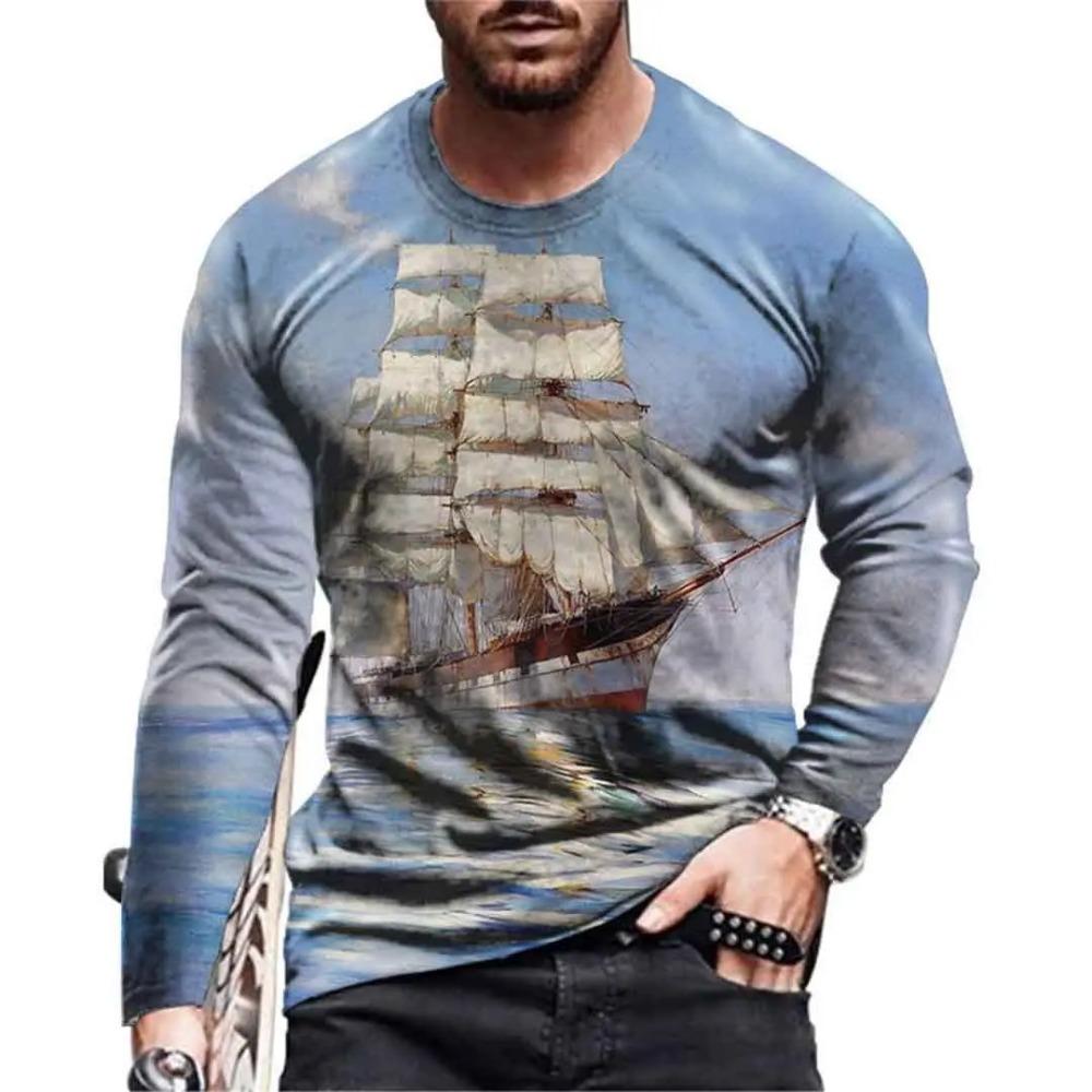 Navigation Sailing Ship3D Digital Printed Men's Fashion Trend Round Neck Long Sleeved T-shirt