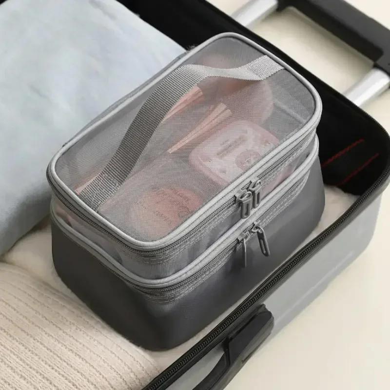 Large Capacity Mesh Cloth Makeup Bag Travel Essentials Cosmetics Organizer Women Toiletry Bag Double Layer Design Cosmetic Bag
