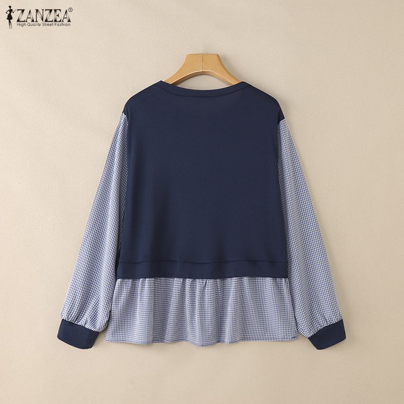 ZANZEA Womens Autumn Plaid Print Long Sleeve Splice Casual Blouse