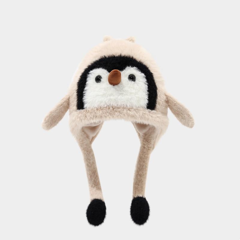 Cute Cartoon Penguin Hat Kids Thermal Headgear Winter Baby Plush Ear Protection Hat Children Thick Fleece Earmuffs Cap Ties Beanie