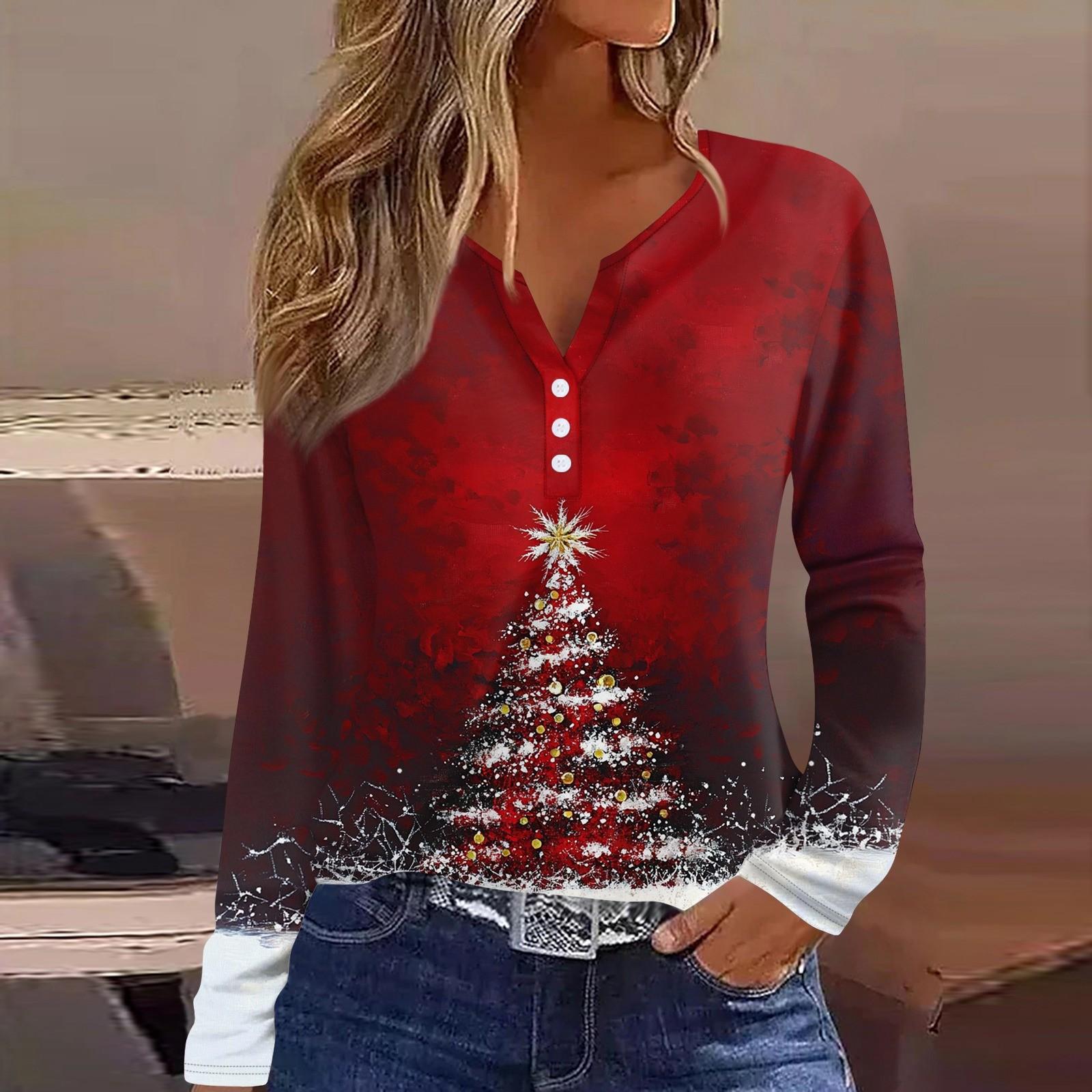 Женская футболка с рождественским принтом на пуговицах с длинным рукавом — фото 7