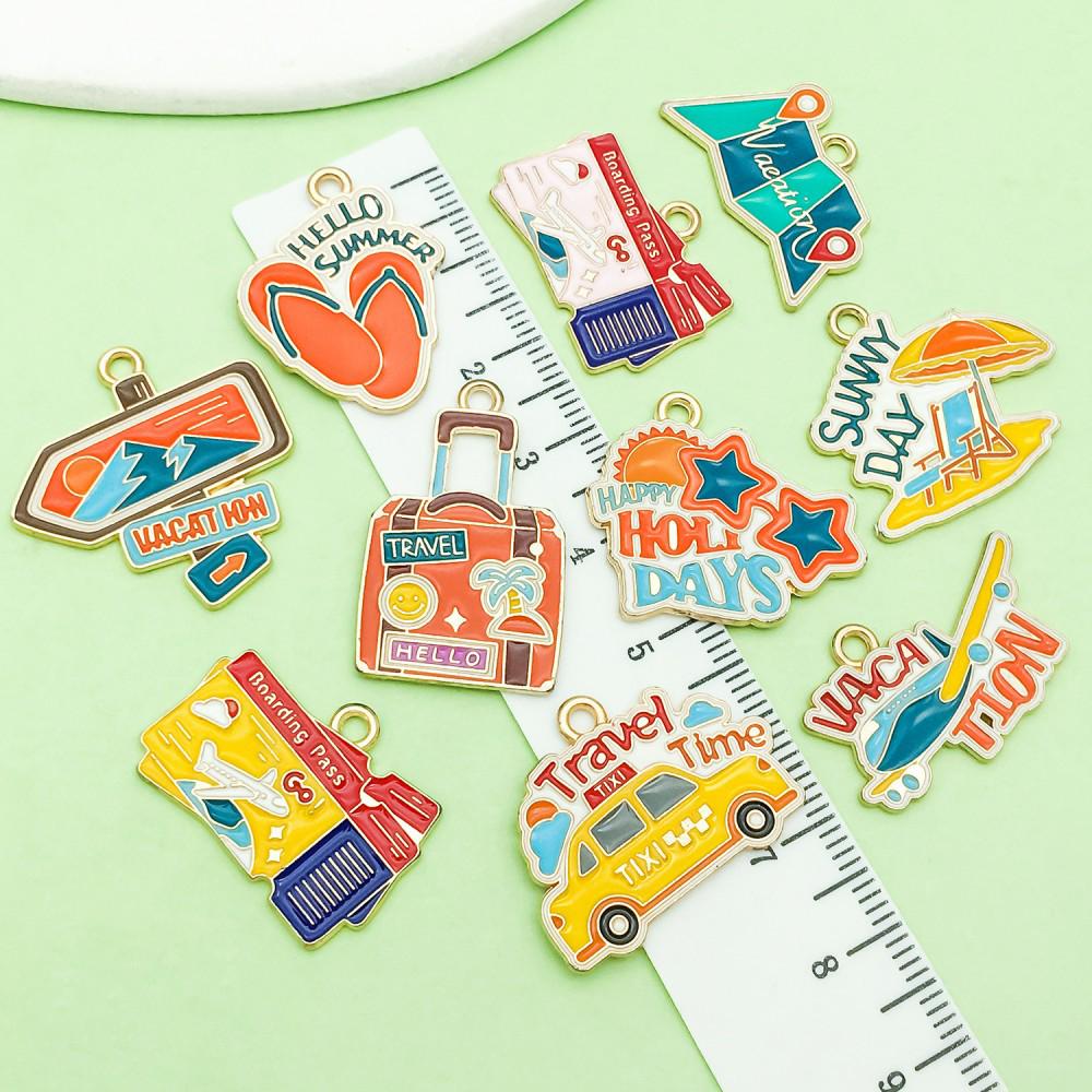 Colorful Enamel Cartoon Beach Charms for DIY Jewelry - Summer Travel Style, Set of 10