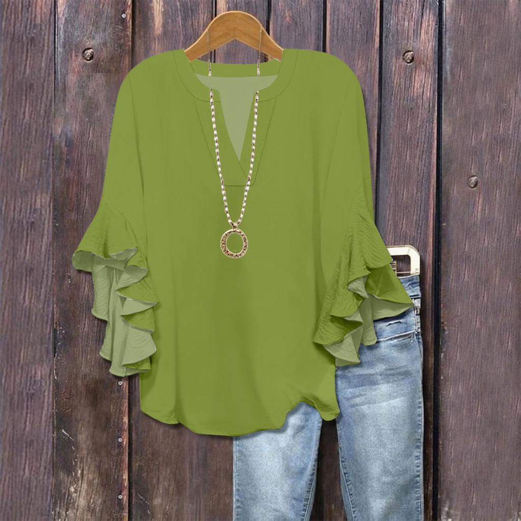 3/4 Sleeve Shirts For Women Cute Print Graphic Tees Blouses Casual Plus Size Basic Ruffled Sleeve Tops Pullover