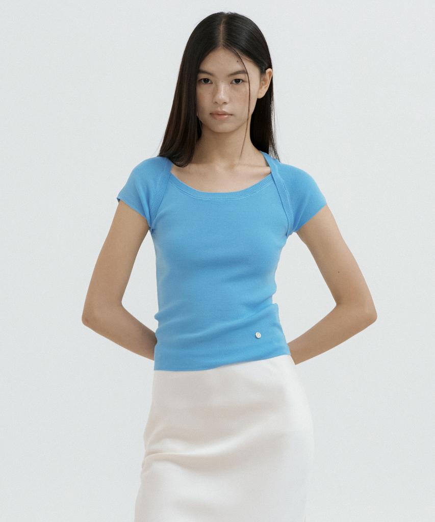 LUCIR ZU Boatneck Bolero Knit Top (Sky Blue)