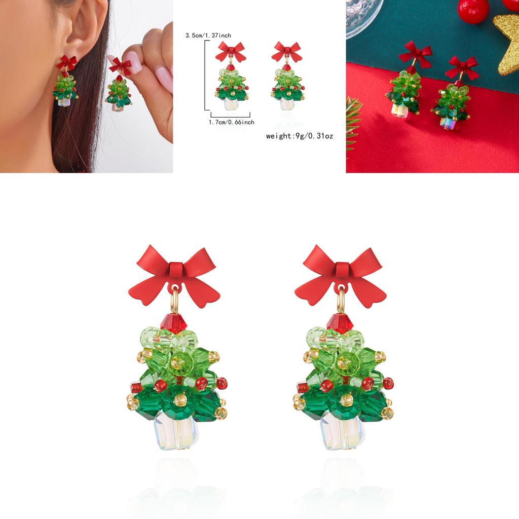 Christmas Tree Earrings Girls Alloy Red Bow Sparkling Jewelry With Holiday Style For Women