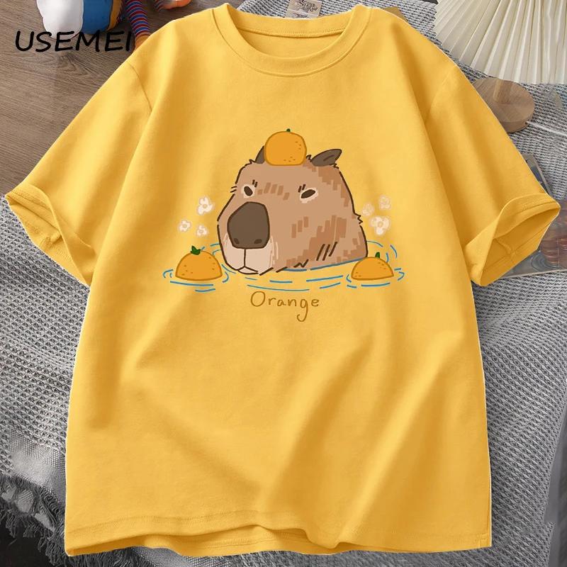 Capybara Swimming with Oranges Tshirts Oversize T Shirt Unisex Cotton Shrot Sleeve Cartoon Animal Tshirt Round Neck Top Clothes