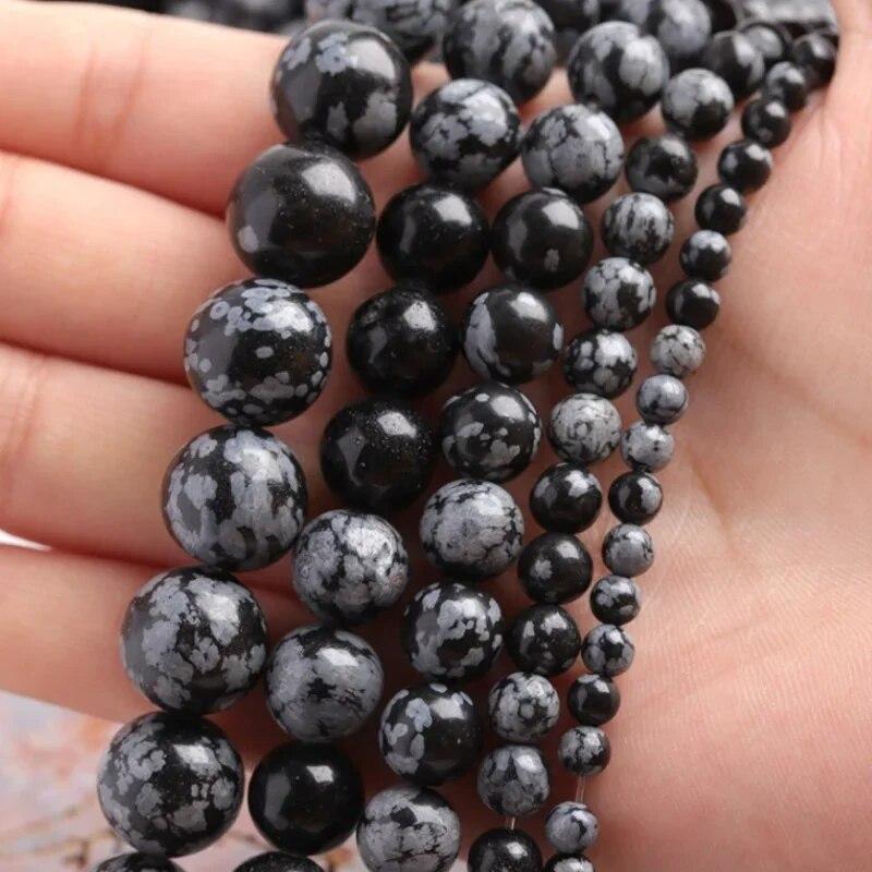 4/6/8/10 Mm Natural Snowflake Obsidian Loose Beads  Gemstone Smooth Round for Jewelry Making