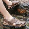 Men Brown Flats Slippers Summer Outdoor Wide Head Hiking Sandals Retro Black Leather Closed Toe Beach Shoes Plus Size