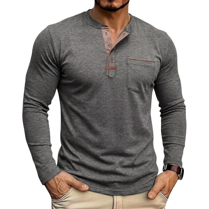 Autumn Winter Mens Henley Long Sleeve T-Shirt Contrast Collar Placket 3 Buttons Chest Pocket Soft Casual Daily Tops