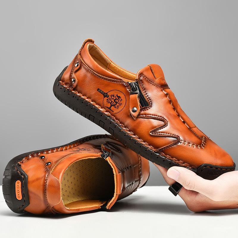 Men's Spring & Autumn Slip-On Fashionable Zipper Leather Loafers - Toe Design, Casual, Handmade, Large Sizes Available