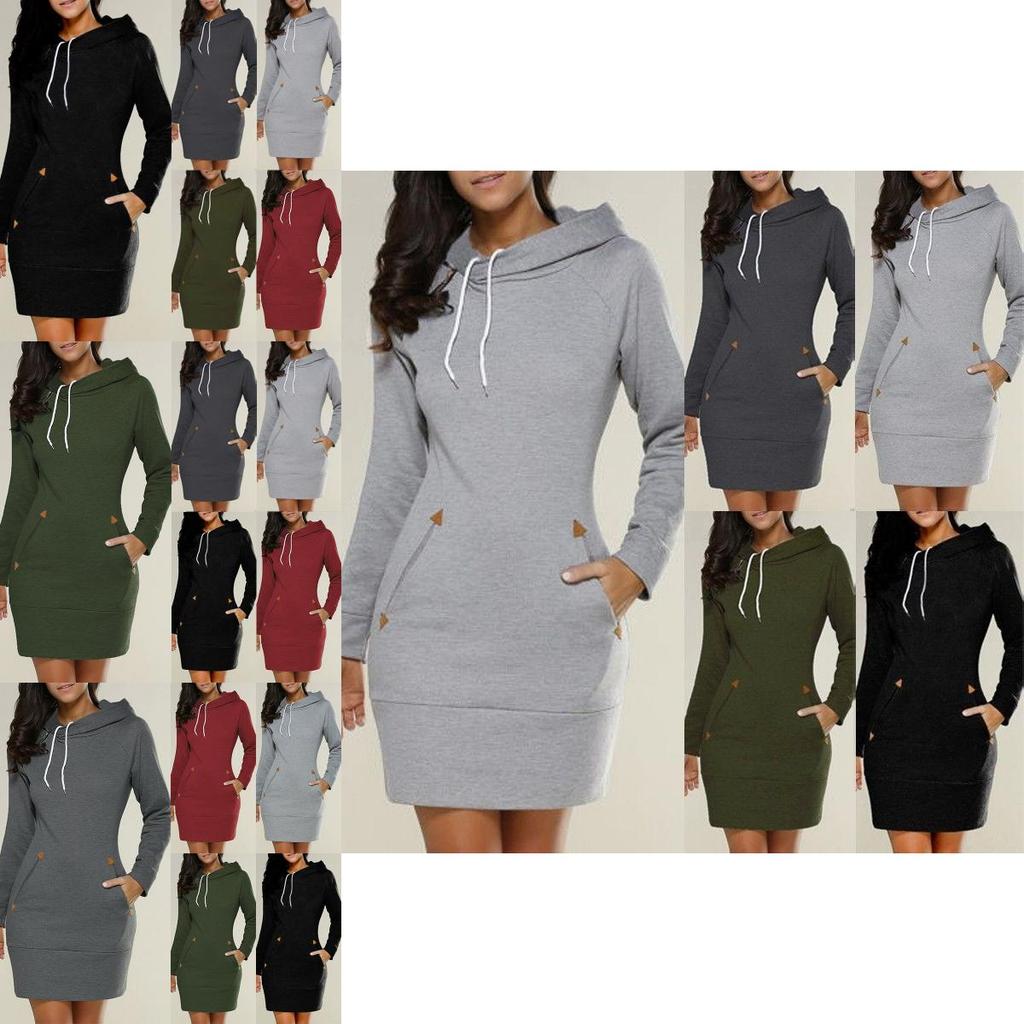 Womens Hooded Mini Dress Casual Long Sleeve Sweatshirt Jumper Slim Fit With Pockets
