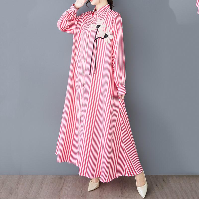 Long sleeve Plus size vintage Stripe floral new in dresses for women casual loose spring autumn Shirt dress