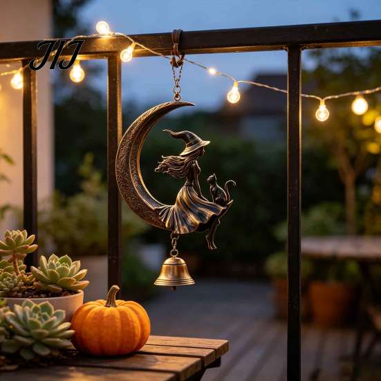 Unique Holiday Porch Decorations Halloween Witch And Black Cat Moon Wind Chime, Vintage on Crescent Metal Hanging Bell Decor Bell, Gothic Ornament for