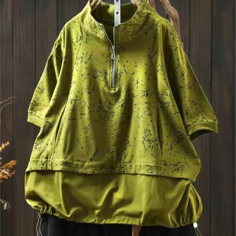 Johnature Women Vintage Print Floral T-Shirts Turtleneck Short Sleeve Patchwork Summer Zipper Casual T-Shirts