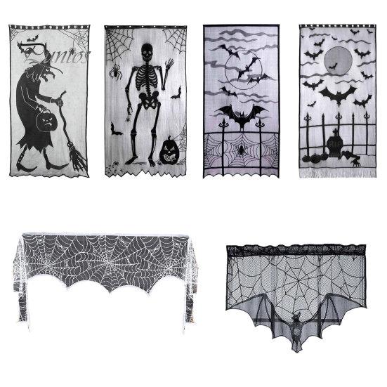 Halloween Party Table Set Door Curtain, Lace Spider Web Fireplace Cover, Scary Skeleton Witch Shrink-resistant Fabric Bat Print Window Drapes for Home