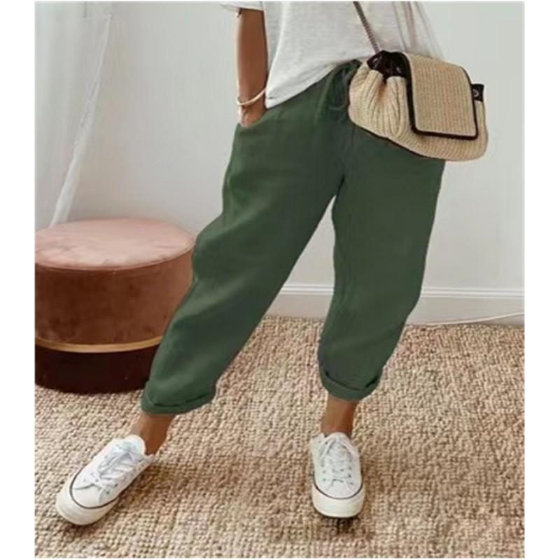 Ladies Summer Solid Color Elastic Waist Casual Nine-minute Pants