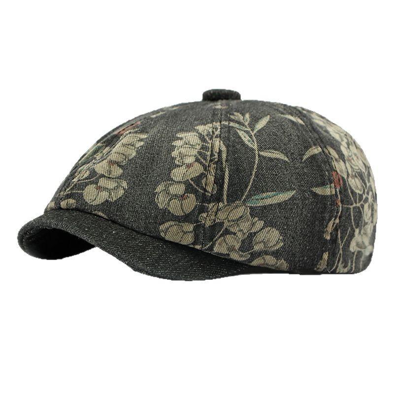 Vintage Floral Printed Denim Newsboy Hat Unisex Octagonal Baker Boy Cap Korean Beret Peaked Hat for Men Women