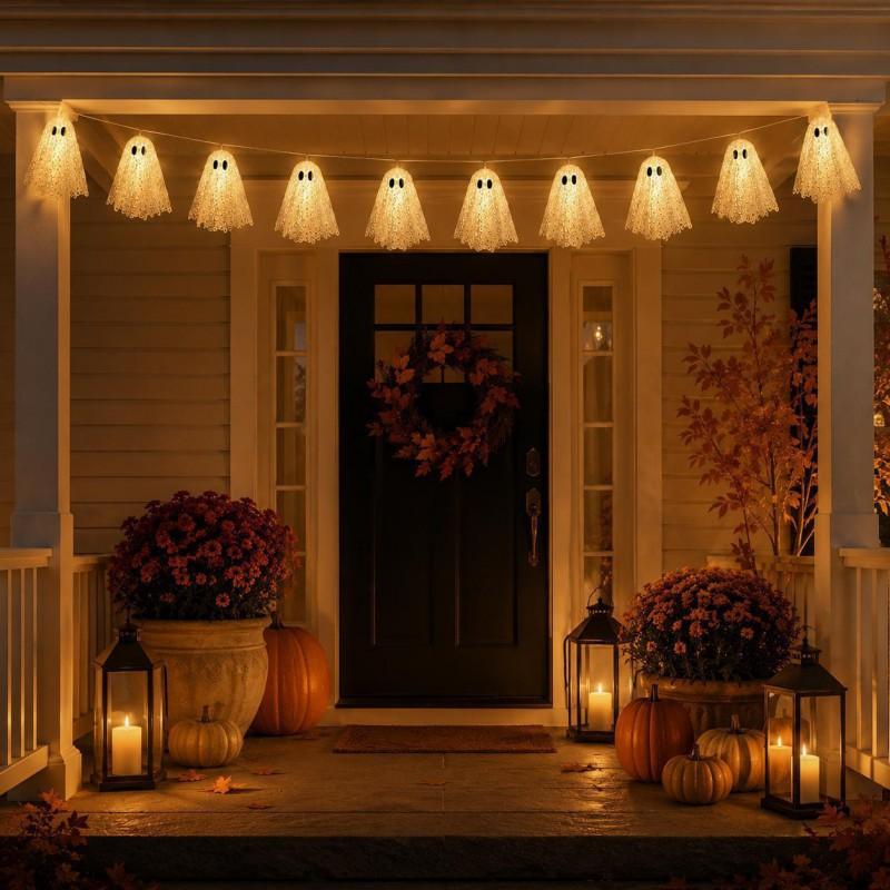 Lighted Lace Ghost Garland Halloween Fireplace Decor 10-Set Spooky Party Hanging