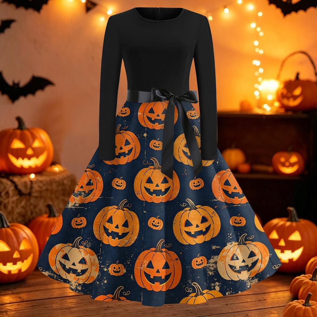 Women's Casual Long Sleeve Dress Halloween Printed Flared Skirt Round Neck Slim Fit Vintage Style Midi Dress with Waist Tie