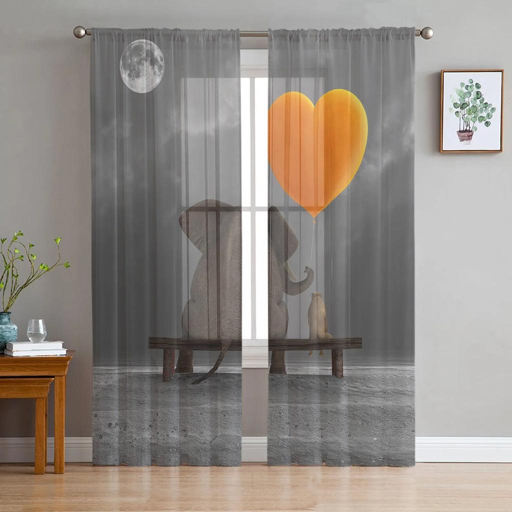 Tier-Elefant-Grasland-Tüllvorhänge für Wohnzimmer, Schlafzimmer, moderne, durchsichtige Chiffon-Küchenvorhänge