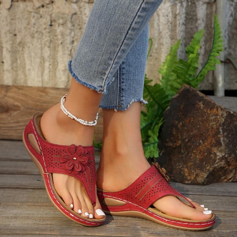 Thick-soled Flower Hollowed-out Toe Slippers Women's Slope Heel Wearing Flip-flops Beach Cool Slippers