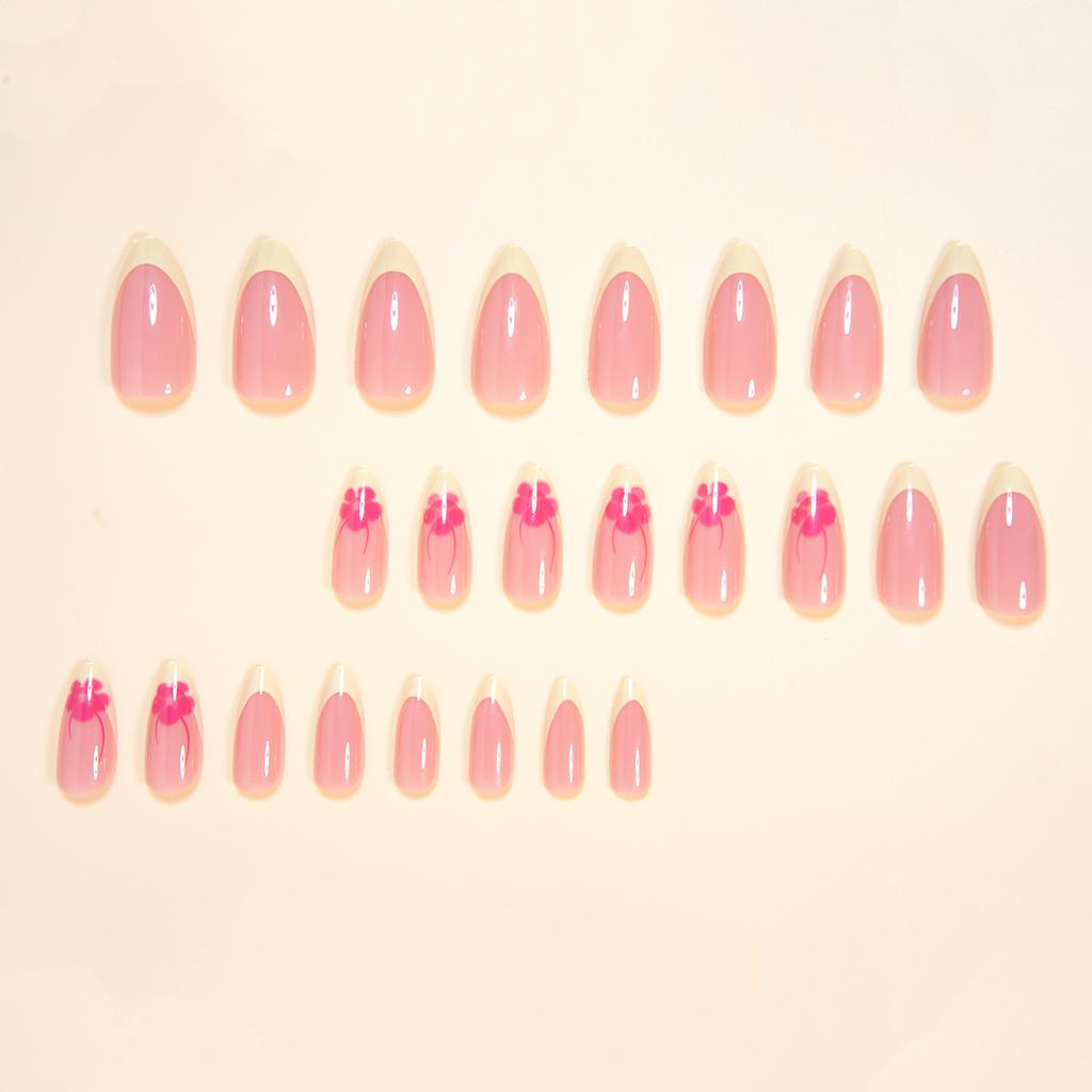24Pcs Short Almond Press On Nails, Nude with Goose Yellow French Tips & Pink Flower Fake Nails for Spring Summer