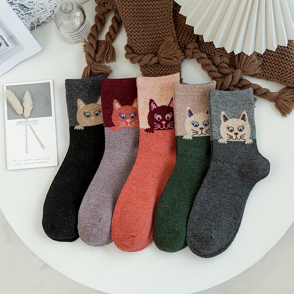 5 Pairs Women'S Mid-Calf Cat Face Socks Thick & Warm, Assorted Colors (Black, Gray, Brown, Orange, Green) - Perfect for Fall & Winter, Cute Socks