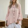 T-shirt da donna a maniche a campana con bottoni e colletto, top a maniche lunghe, autunno primavera, casual, ampia, camicette in chiffon