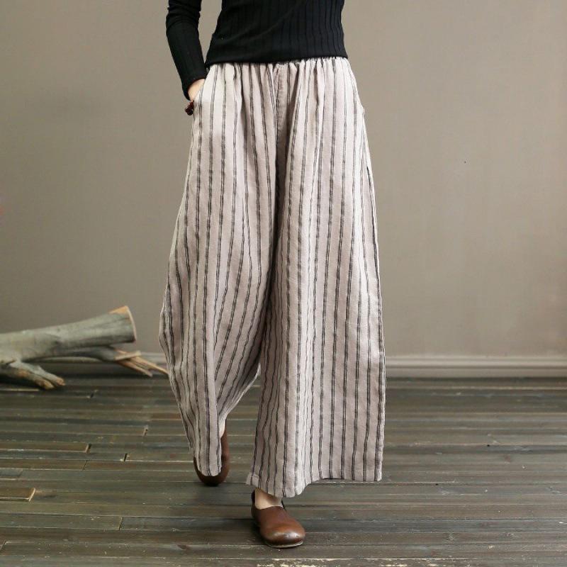 2023 Retro Cotton Linen Striped Wide-Leg Women's Slimming Cropped Pants - Japanese Style Summer Casual Wear