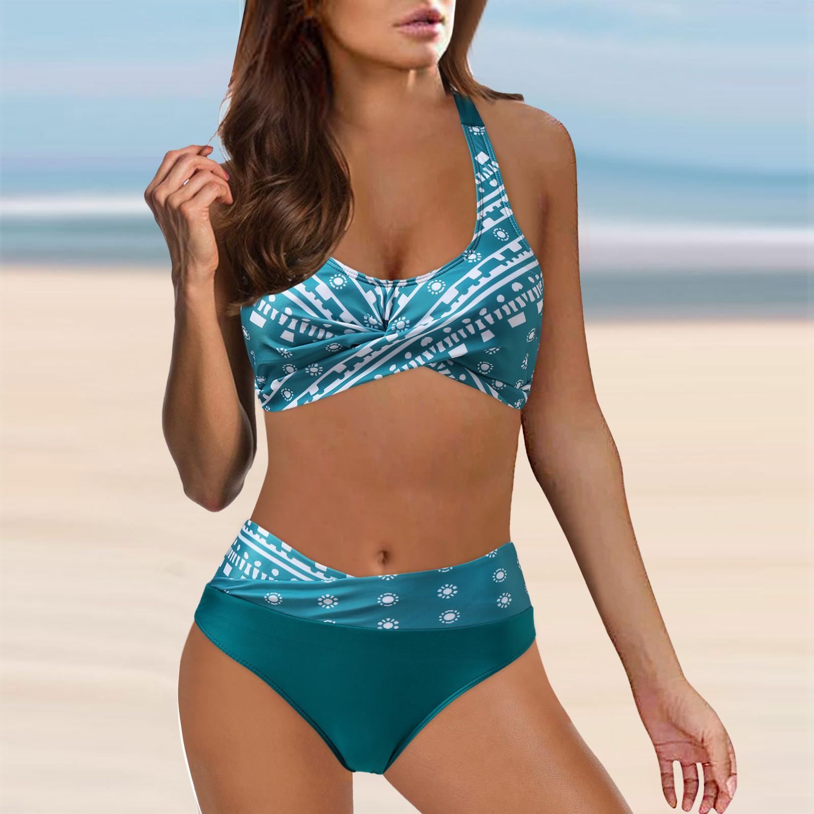 Damenmode-Bikini-Set mit hoher Taille, zweiteilig, Farbblock, Blumenmuster, Brust, Kreuz-Bikini-Badeanzug XL grün