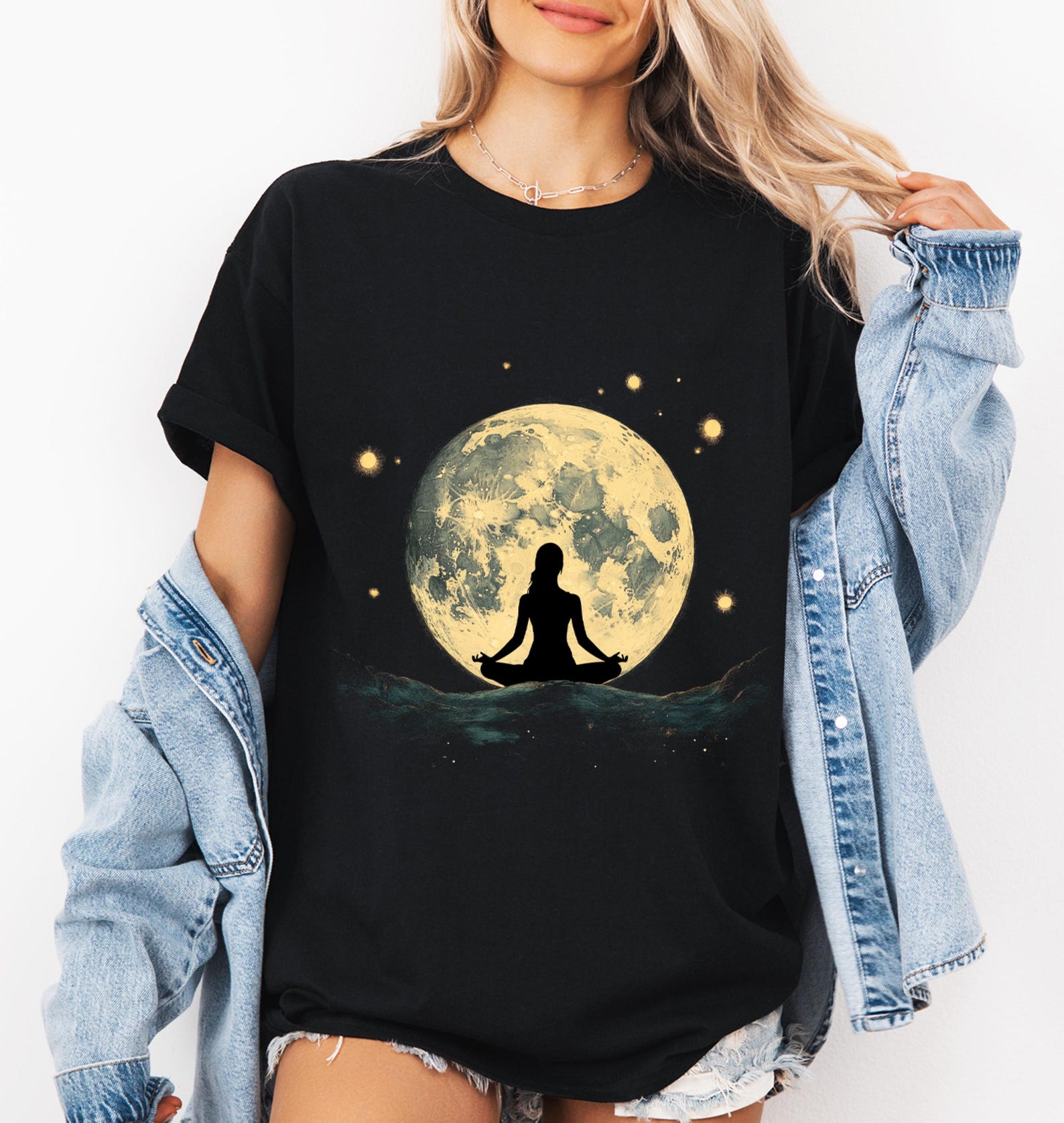 Yoga Moon T-Shirt: Celestial Silhouette, Meditation Tee L