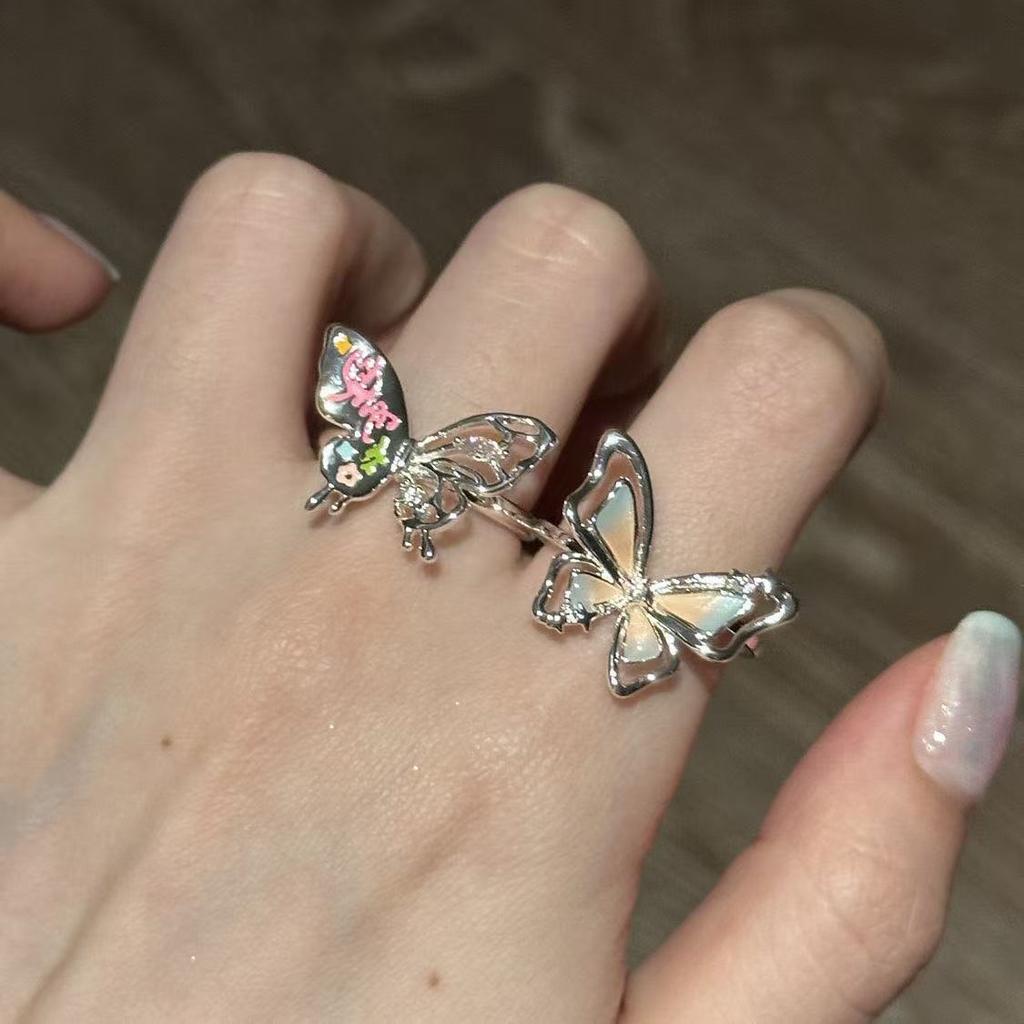 Colored Butterfly Graffiti Ring, Women's Opening Adjustable Super Fairy Enamel Temperament Ring, Niche High-end Index Finger Ring