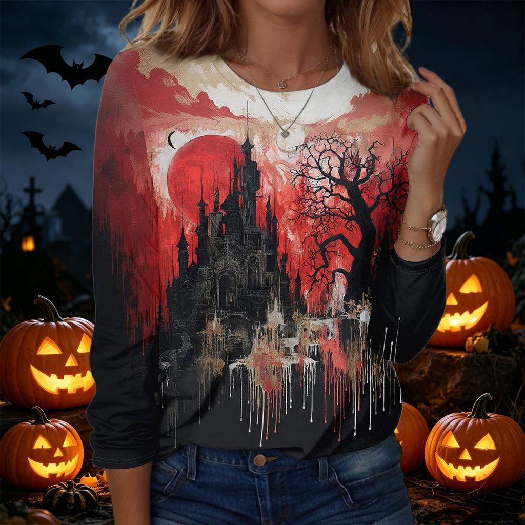 Women's Halloween Graphic Pullover Sweatshirt Long Sleeve Crew Neck Casual Top for Fall and Winter Seasonal Wear