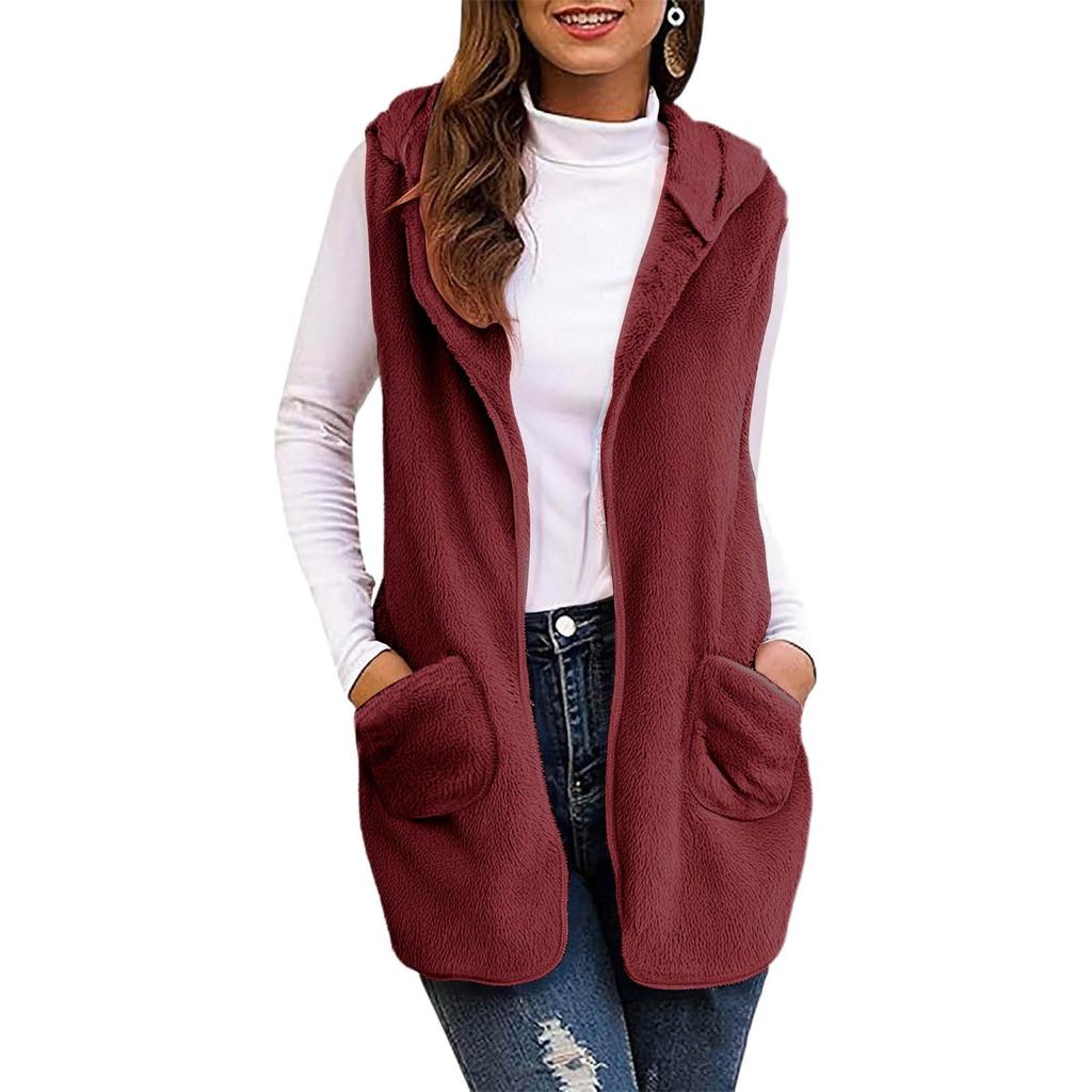Women's Fashion Solid Color Hooded Sleeveless Plush Cardigan Vest Jacket With Pockets