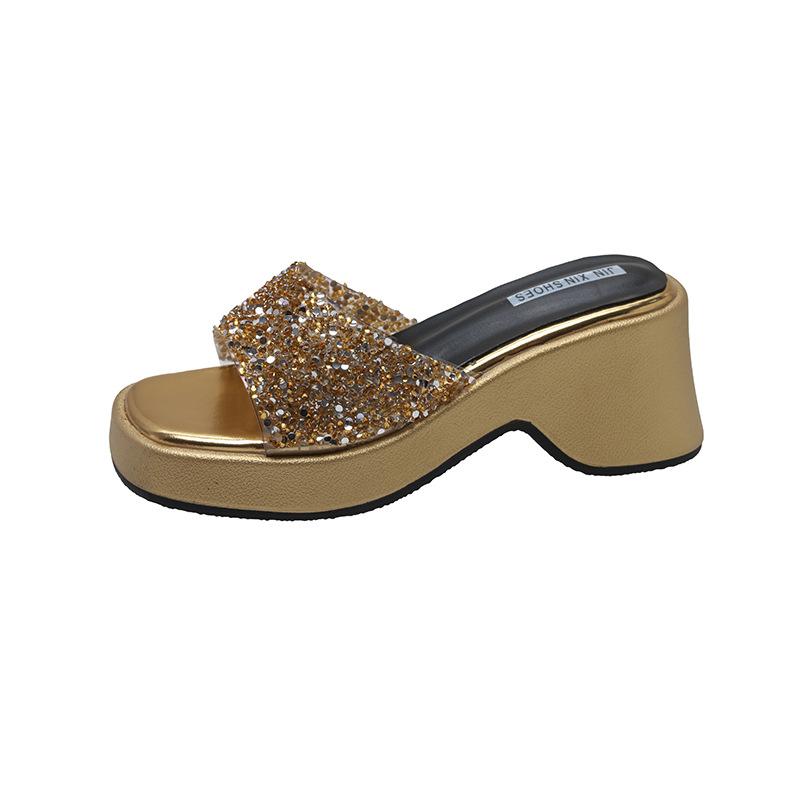 Sequins, outer head, thick-soled temperament, one-word cool slippers, women's 2024 summer new sparkling muffin Korean version of high heels
