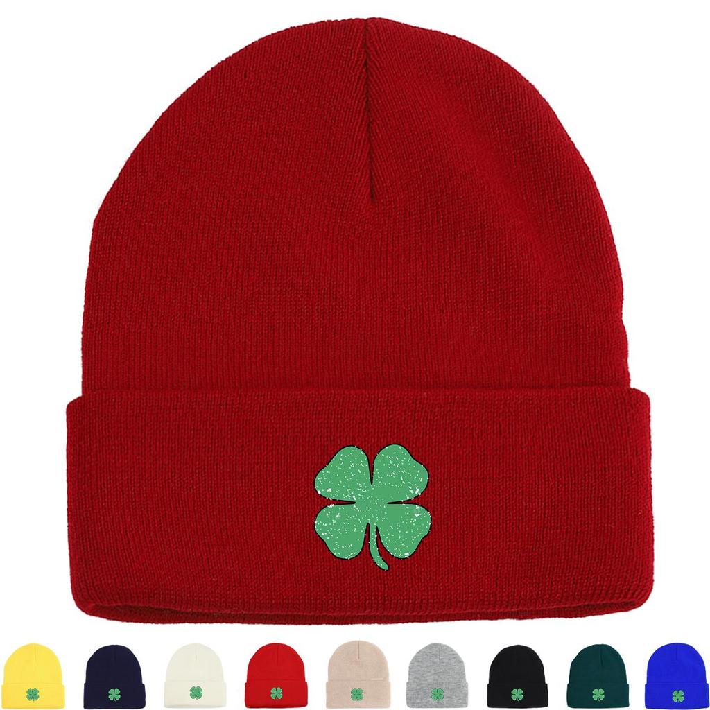 Green Four Leaf Shamrock Warm Knit Cap Beanie, St. Patrick's Day Man Cap Autumn Winter Casual Pompom Beanies Knitted Hat Beanie