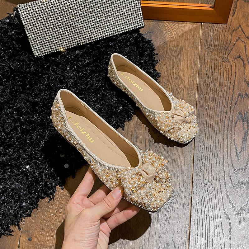 

Модные роскошные туфли-балетки с жемчужной вышивкой, женские туфли-лодочки с бантом и кристаллами, большие размеры 35-43, блестящие женские свадебные туфли, лоферы слипоны 41 абрикосовый