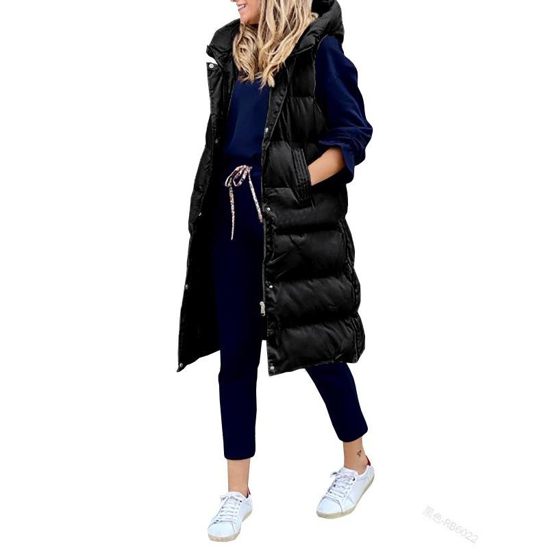 Women's Autumn and Winter Solid Color Hooded Vest Casual Long Cotton Jacket
