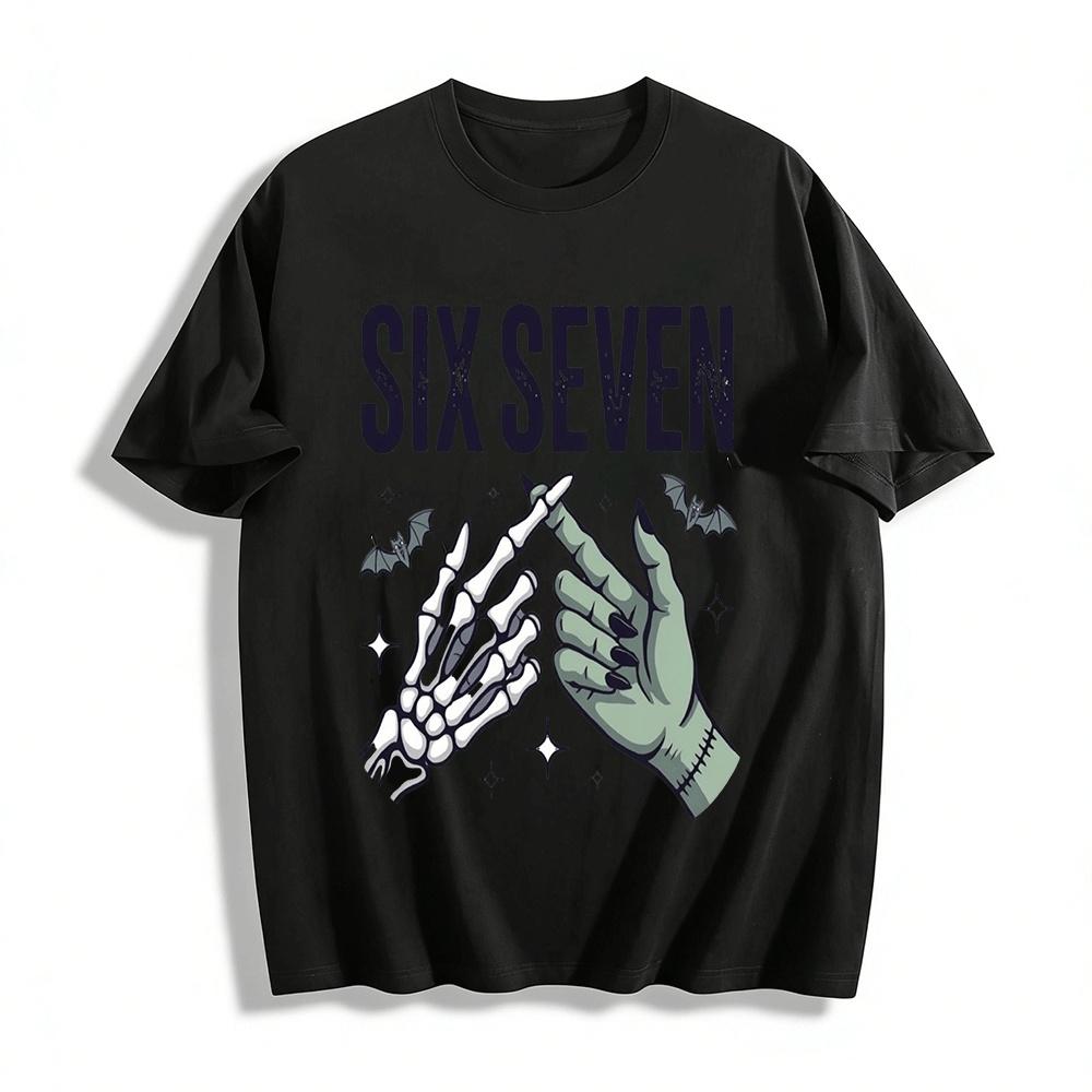 Halloween Themed Print Tee Skeleton Witch Hand Touch Design Top Pure cotton T-shirt XXS