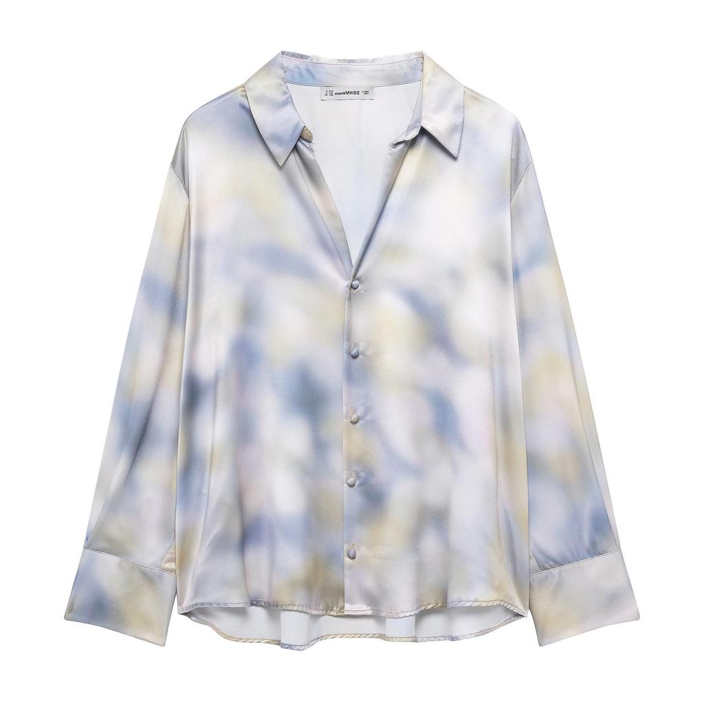 TAOP&ZA Women's Tie-Dye Silk Satin Long Sleeve Shirt and Midi Skirt Set - Spring/Summer Fashion