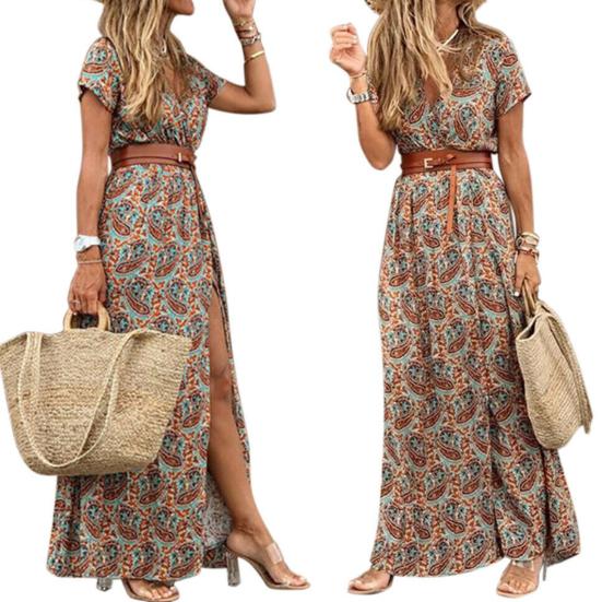 Boho Women Dress Paisley Print Large Hem Short Sleeve Slit Hem Maxi Dress with Belt for Work