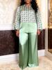 Plus Size Women's Geometric Satin Patchwork Suit - Flaw-Covering Shirt & Wide-Leg Pants Set